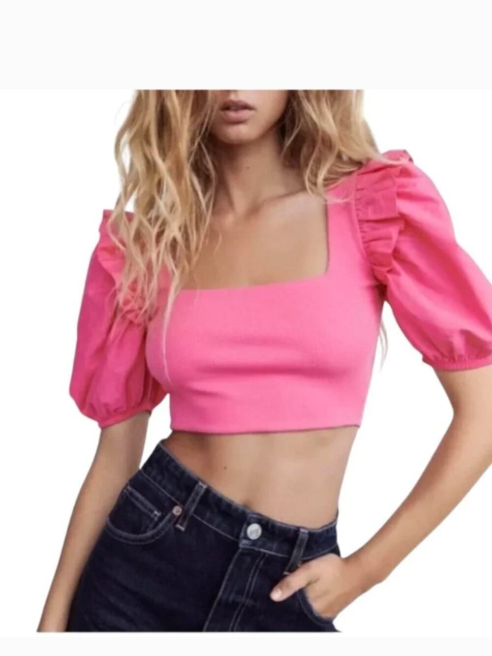 Zara Pink Puff Sleeve Crop Top Medium